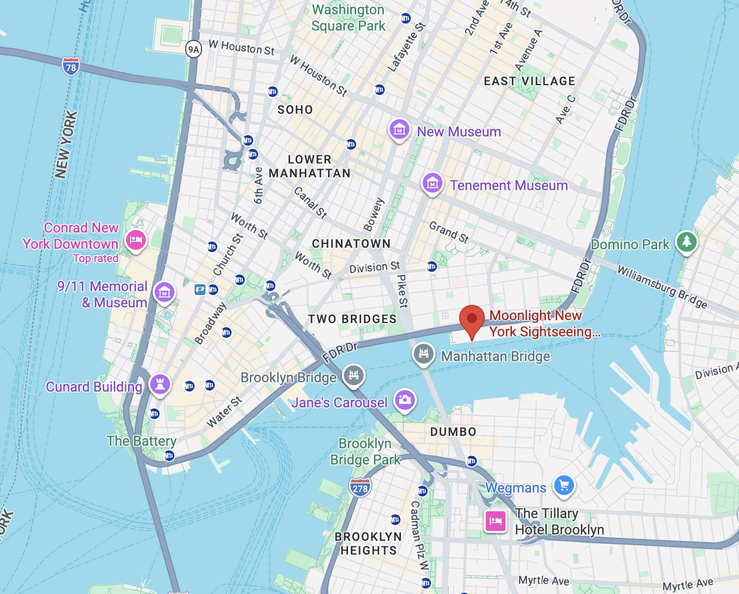 Map showing Pier 36 departure location for Manhattan Skyline Cruise